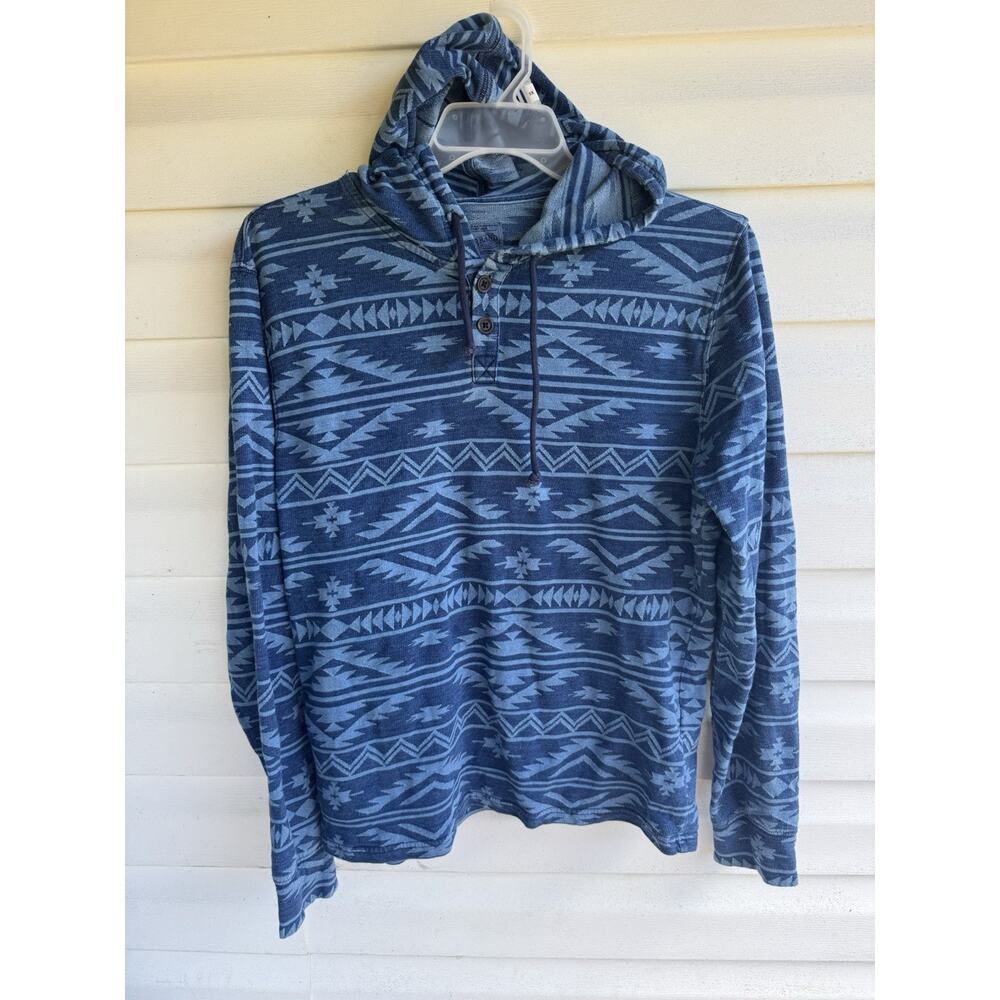 Men’s Lucky Brand 100% Cotton Blue Indian Geometric Aztec Indigo Hoodie Medium